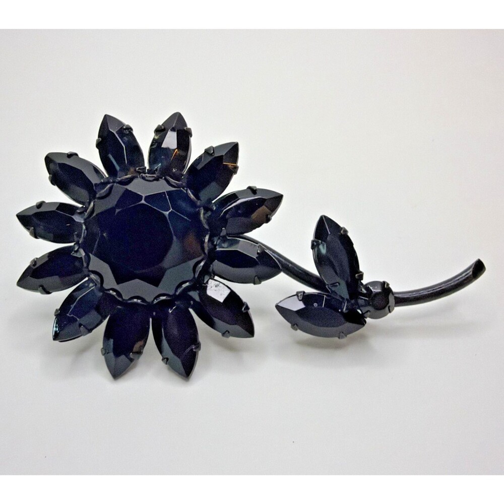 VTG MidCentury Black Rhinestone Flower Brooch Pin Open Back Japanned Daisy AS-IS